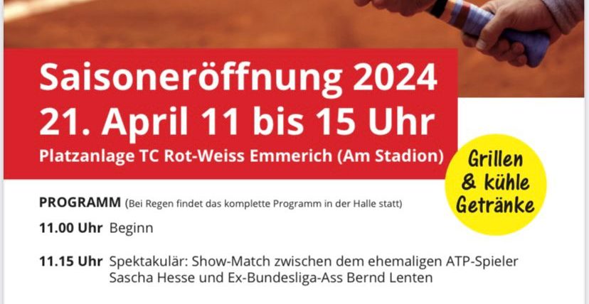 Nicht vergessen: Am 21. April steigt die Saisoneröffnung beim TC Rotweiss Emmerich!